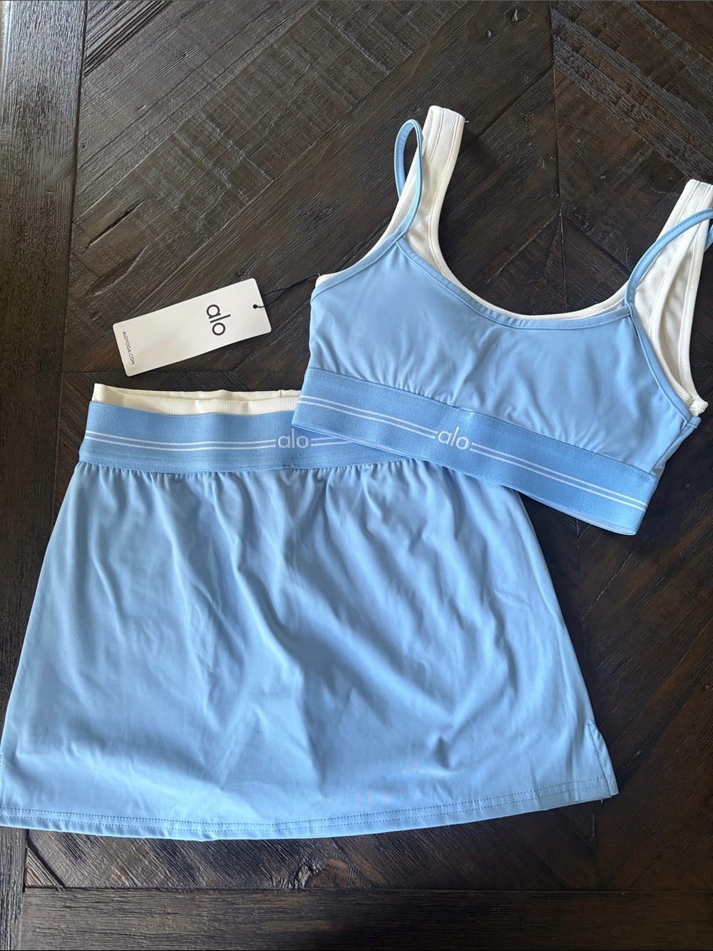 NWT ALO Yoga Blue Airbrush Better together bra and skirt set sz SM